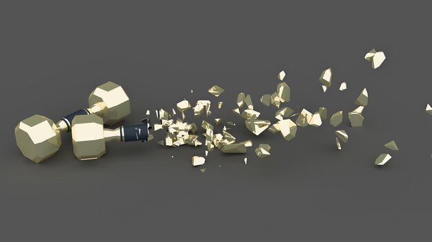 Half destroyed dumbbells with flying fragments, 3d illustration