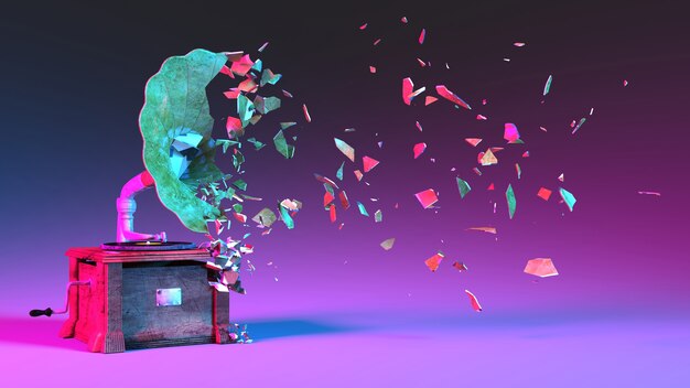 Half destroyed gramophone with flying fragments in neon lighting, 3d illustration