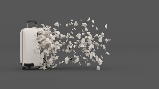 Half destroyed suitcase with fragments flying off, 3d illustration