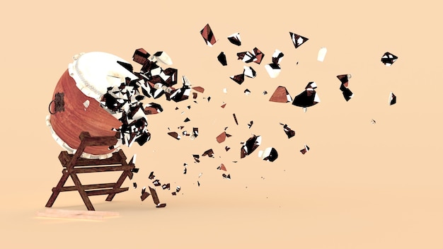 Half destroyed taiko with fragments flying off, 3d illustration