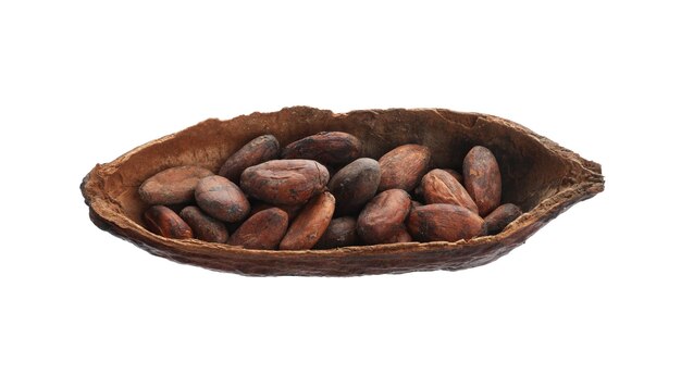 Metà del baccello di cacao secco con fagioli isolati su bianco