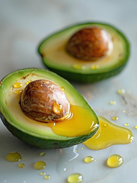 Photo a half eaten avocado with a hard boiled egg inside of it on a white surface with yellow drops