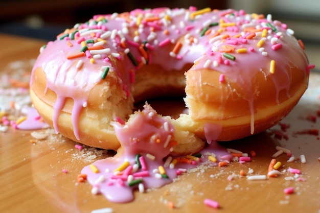 a half eaten donut with pink icing and sprinkles.