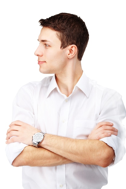 Half-face portrait of handsome man against white