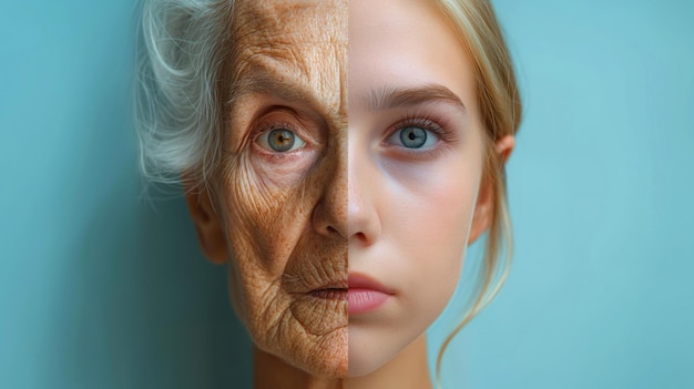 Half of a female face is young and old Concept of aging Face of a young girl and an elderly wrinkled grandmother