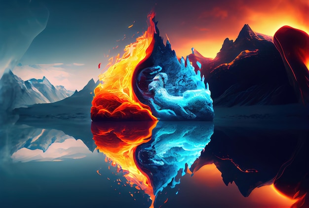 Photo half fire and half ice mountains with the sky background metaphor and conflict concept generative ai