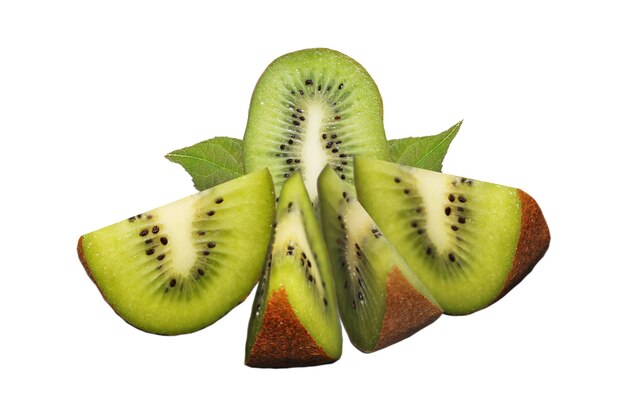 Half and four quarter of fresh tasty kiwi isolated on white background