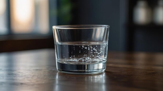 Foto un bicchiere mezzo pieno d'acqua che getta un'ombra su un tavolo di legno.