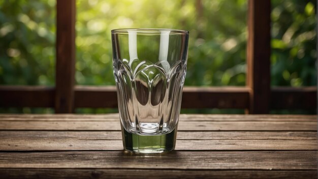 Half full glass of water on wooden surface