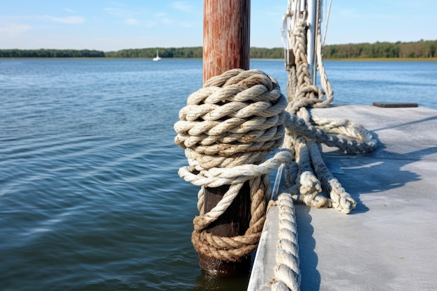 Half hitch knots securing a boat to a post created with generative ai