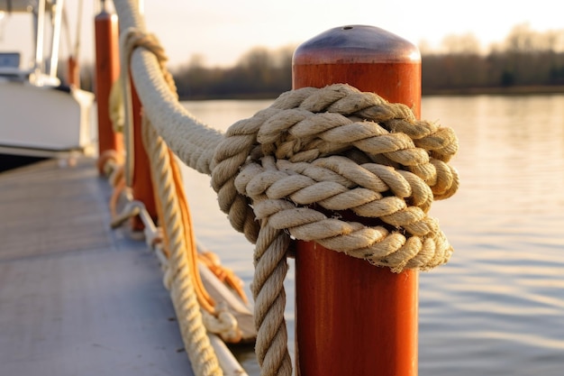 Photo half hitch knots securing a boat to a post created with generative ai