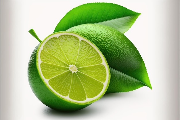 Half juicy lime on white lying on fresh green leaf