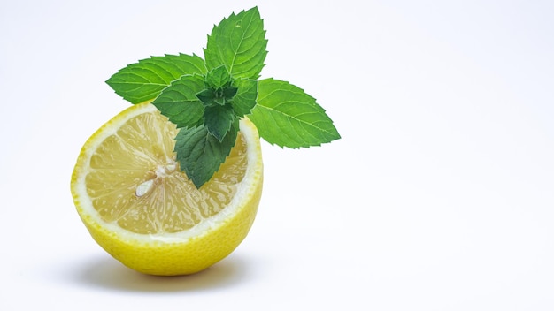 반 레몬과 신선한 녹색 민트 잎 흰색 배경에 고립