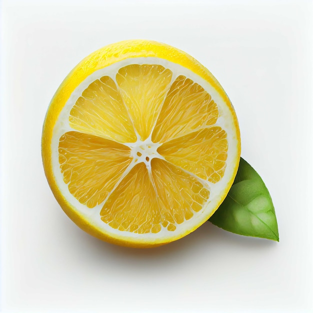 A half of a lemon with green leaf on it