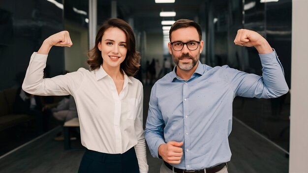 Half length image of business colleagues showing muscles on camera fight of genders concept