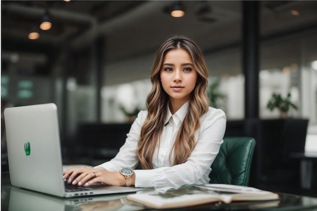 Half length portrait of gorgeous blonde woman looking at camera while doing remotely work on laptop connected to wireless internetbeautiful creative female freelancer using modern technology