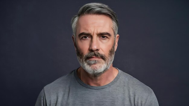 Half length portrait of a serious gray haired bearded man in a gray t shirt