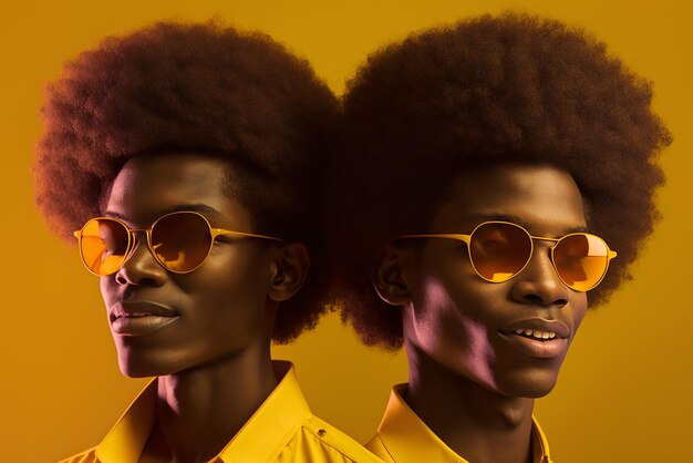 Half length portrait stock photography portrait of two afro haired men wearing sunglasses smiling Ai generated art