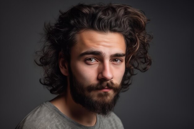 half length portrait of young very hairy man isolated over grey background