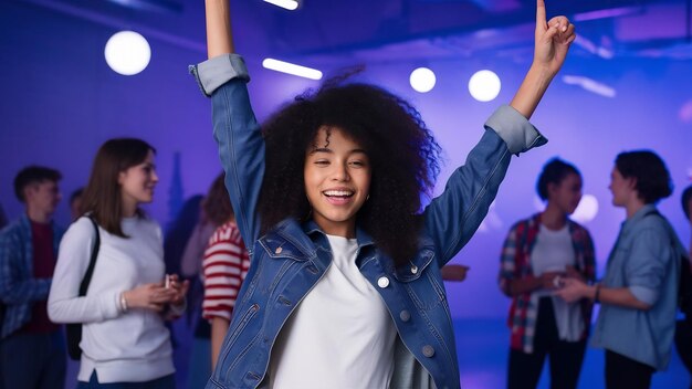 Photo half length shot of young carefree curly female teenager raises arms celebrates successfully finis