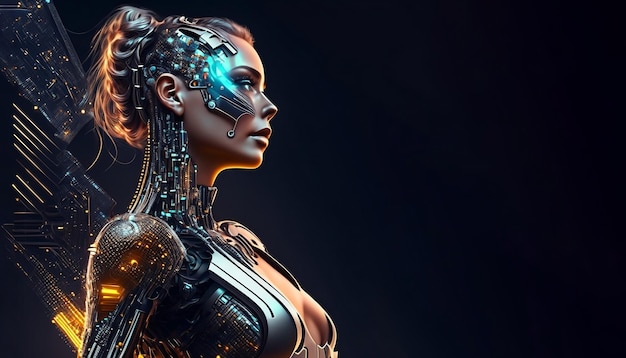 Half lichaam cyborg vrouw op abstracte moderne digitale technologie achtergrond
