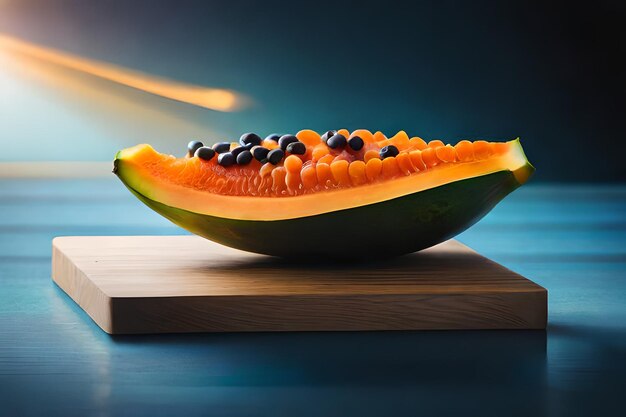 A half of a melon is on a wooden cutting board