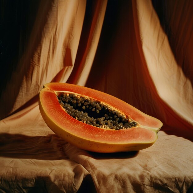 Photo a half of a melon with a piece of fruit on it