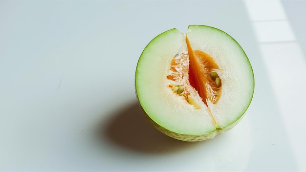 a half of a melon with seeds on it