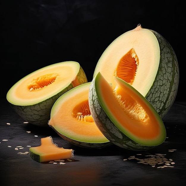 a half of a melon with seeds and seeds on a table