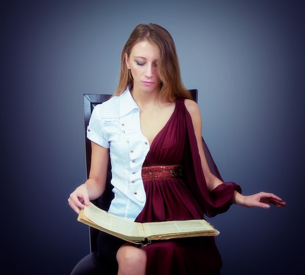 Half modern woman half medieval lady reading a book