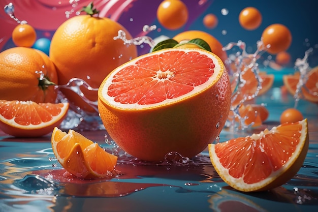 Half an orange falls on a blue background with drops of water