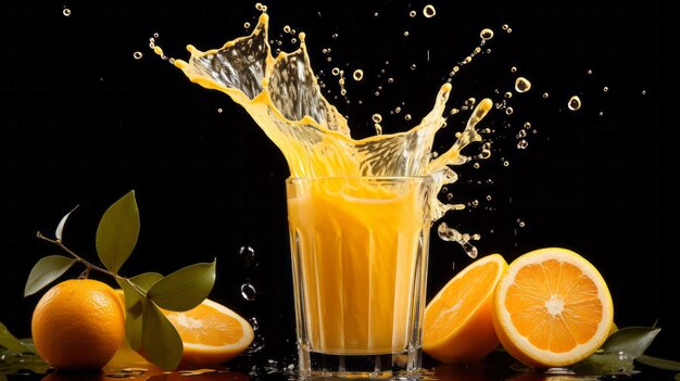 Half orange splashing into a glass full of orange juice On a black background Generative AI