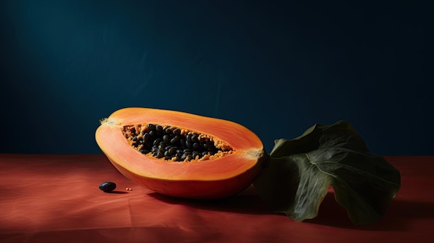 A half of a papaya with black seeds on a red cloth and dark blue background