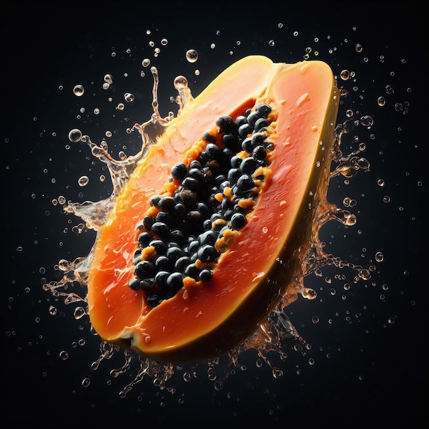 Half of papaya with water splash on black background 3d illustration