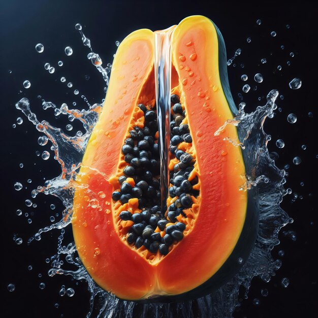 Half of papaya with water splash on black background 3d illustration