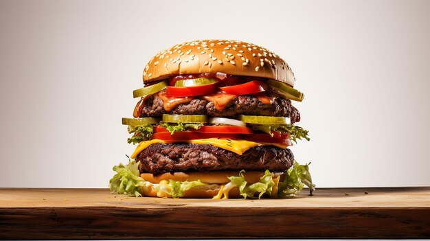 Photo half part of burger on the wooden desk white background