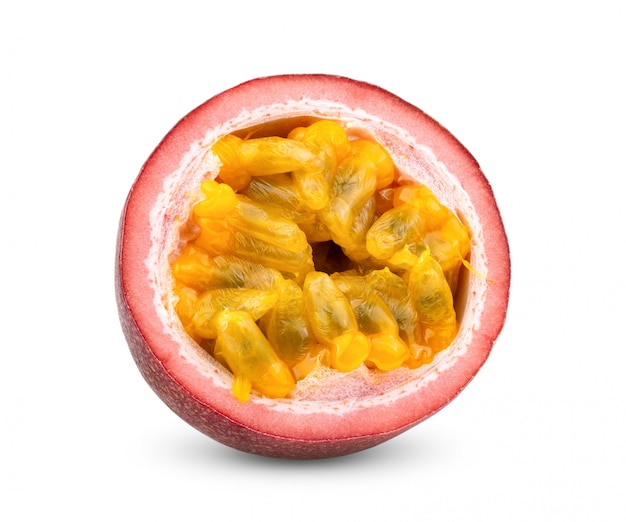 Half passion fruit on white wall.