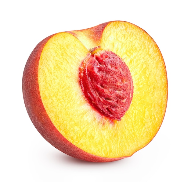 Half of peach isolated on white background. Peach fruit clipping path. Peach macro studio photo