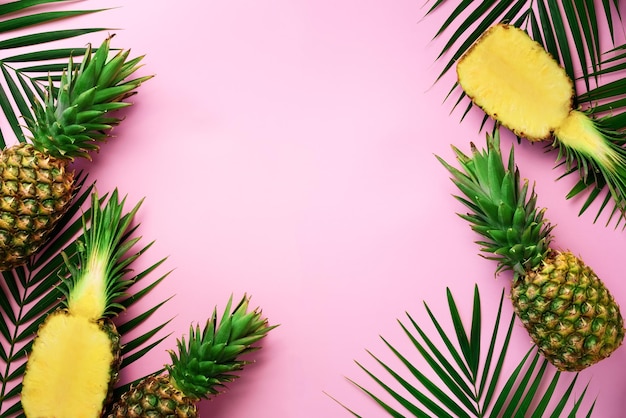 Half plakje verse ananas en hele fruitpalmbladeren op gele achtergrond Bovenaanzicht Kopie Ruimte Helder ananaspatroon voor minimalistische stijl Popart ontwerp creatief concept