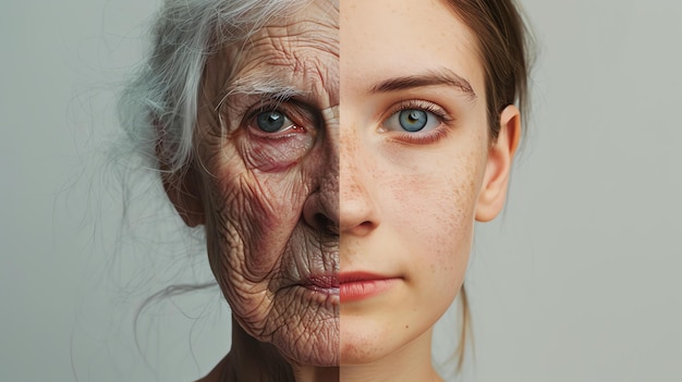 Фото Половинный портрет молодой и старой женщины концепция старения, прохождение времени, красота молодости и мудрость старости.