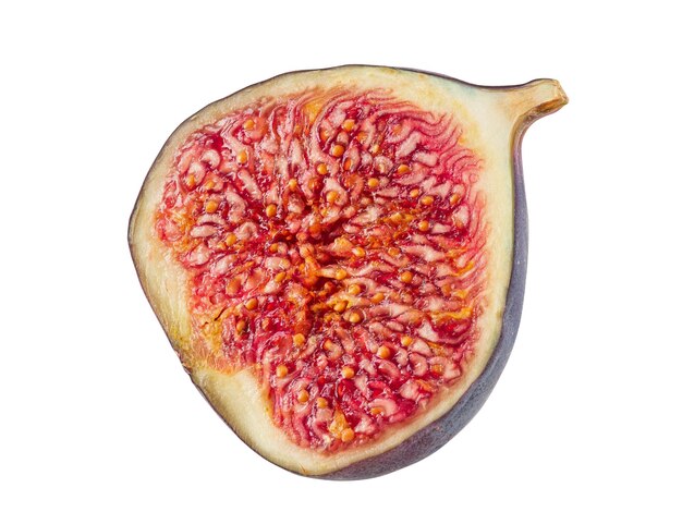 Photo half of a purple fig isolated on white background with copy space soft sweet fruit skin is thin red