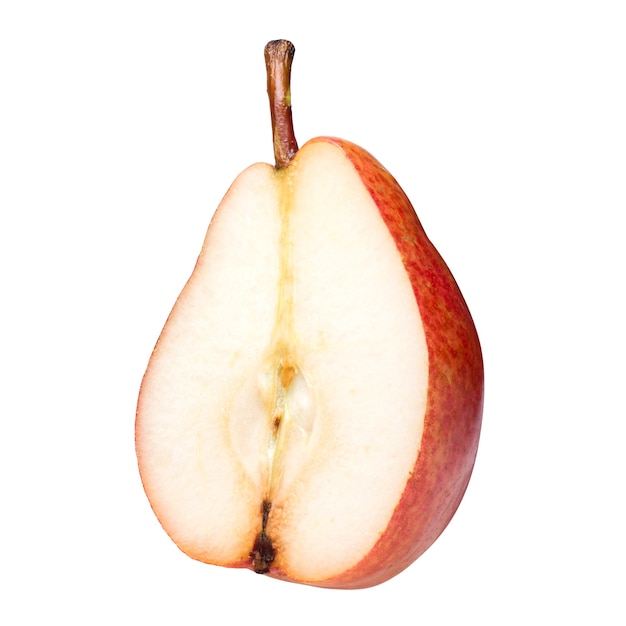 Half of red pear closeup isolated on white background with shadow.