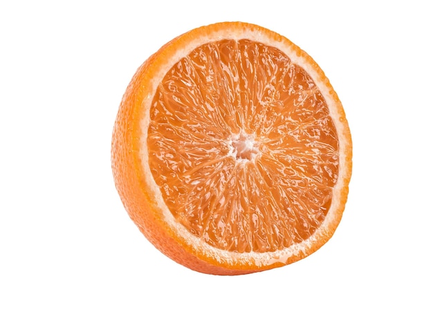 Half of a ripe orange isolated on white background with copy space for text or images fruit with jui