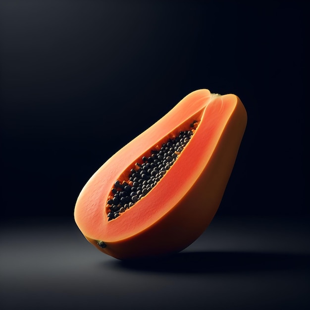 Half of ripe papaya on black surface with dark background