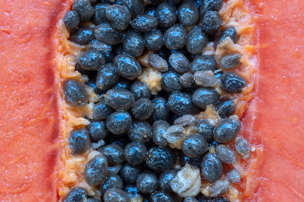 Половина спелых сладких фруктов папайи с семенами на заднем плане крупным планом