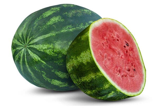 Half of a ripe watermelon lies next to a whole watermelon Isolation on a white background