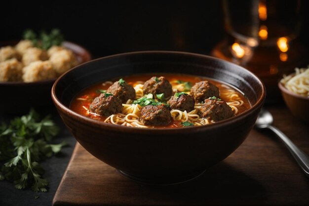 Half shot of meatballs soup with noodles in a brown bowl on the left side of dark background ar c