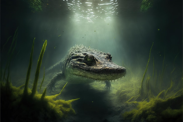 Half submerse terrible alligator in the swamp