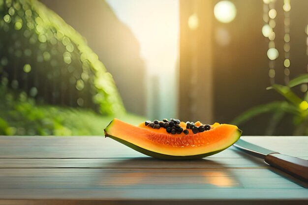 A half of a watermelon is on a table with a spoon