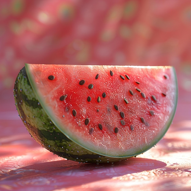 a half of a watermelon with seeds on it